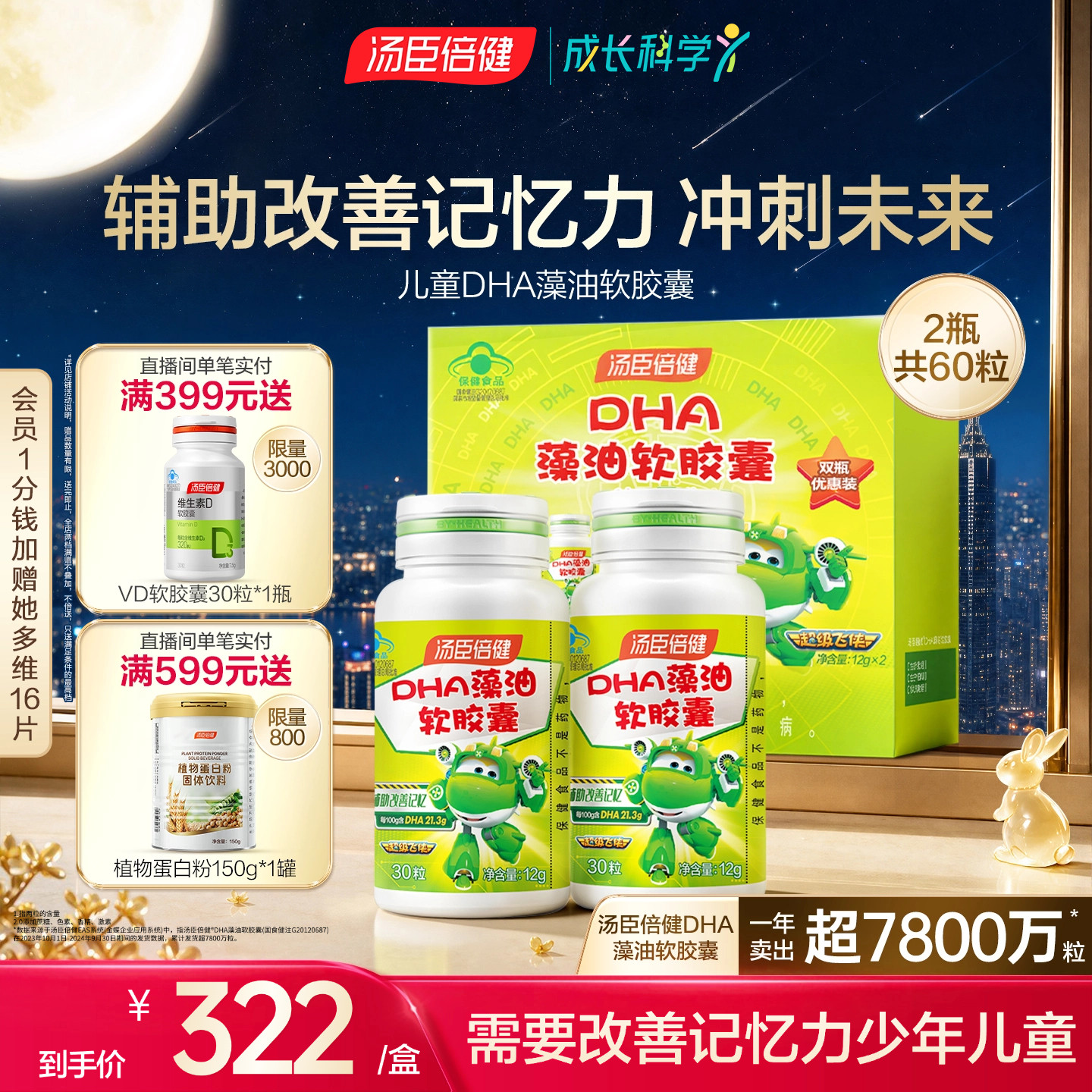 汤臣倍健藻油软胶囊DHA儿童宝宝学生辅助改善记忆力官方旗舰正品
