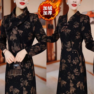 木兰棉加绒冬季 显瘦衣裙H5B564气质高雅改良旗袍国风 加厚修身