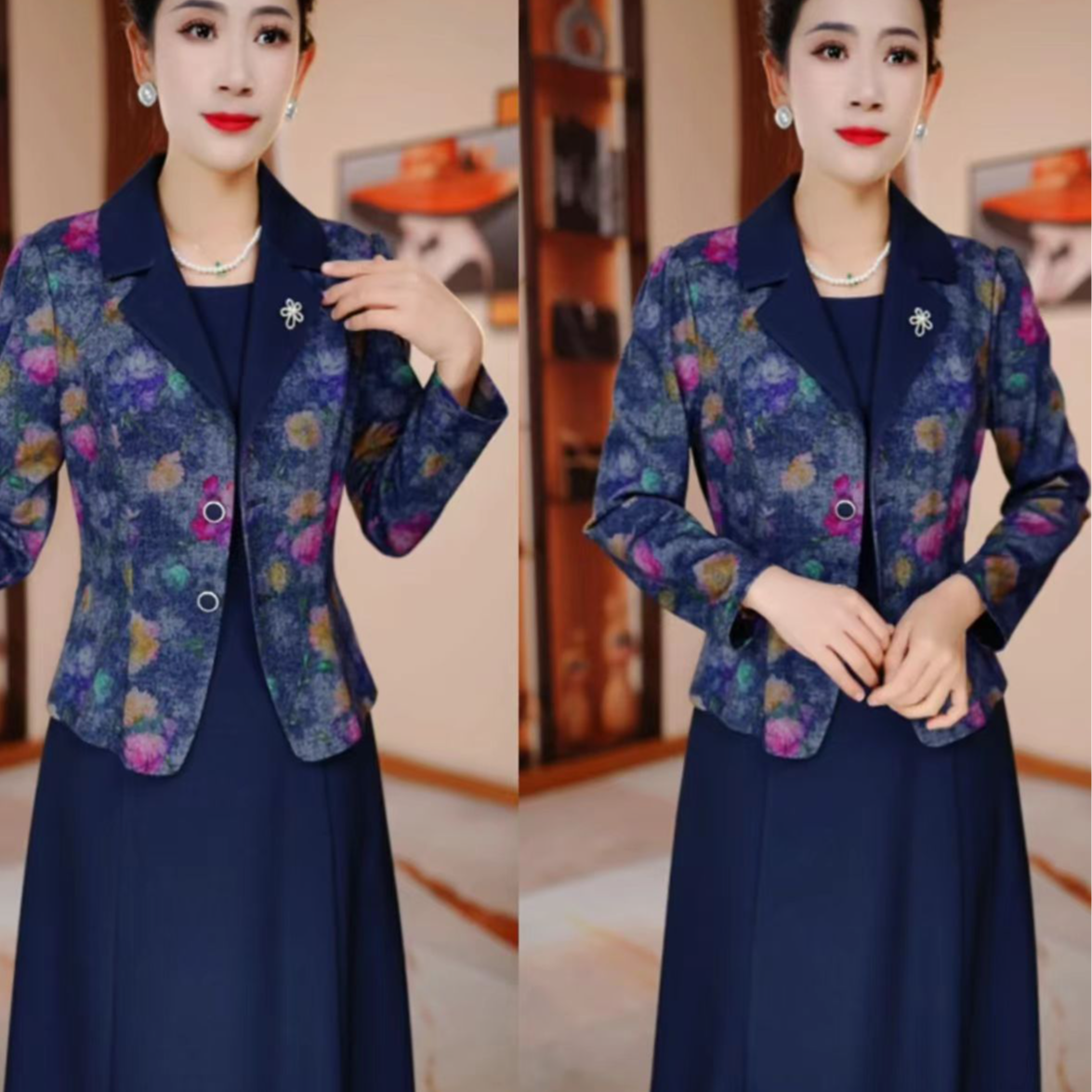 假两件彩色花收腰显瘦气质连衣裙HR5029-1洋气春季时尚妈妈装修身