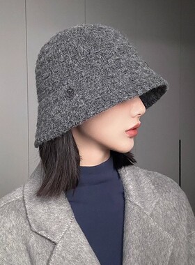 日本出口针织开叉渔夫帽女秋冬保暖简约复古水桶帽百搭显脸小盆帽