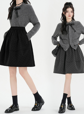 秋冬新款毛呢波点灰色半身裙大码女松紧腰5分花苞裙2025呢子中裙