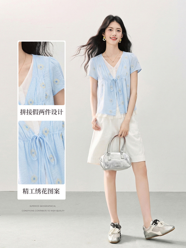 Xi World Korean style lazy style fake two-piece V-neck shirt, women's short-sleeved summer casual loose meat-covering embroidered top