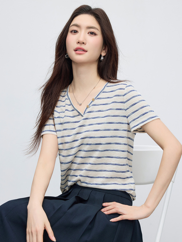 Xi World Casual Nautical Striped Short-Sleeved T-Shirt Women's Summer 2026 New Loose Lazy Design V-Neck Top