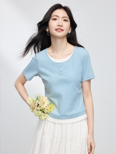 Xi World Dopamine Outfit Fake Two-piece Color Matching Round Neck Right Shoulder Short Sleeve T-Shirt Top Women 2026 Summer New Style