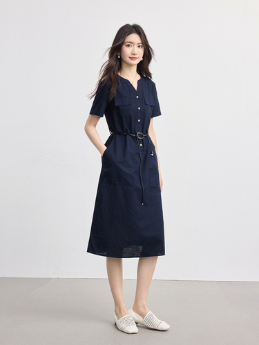 Xi world old money style college blue linen dress women summer high-end commuting belt short-sleeved shirt dress
