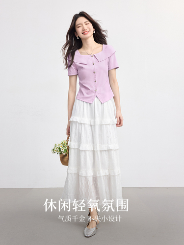 Xi world gold style design square collar T-shirt women's summer short-sleeved fashionable unique and beautiful slim-fitting short shirt