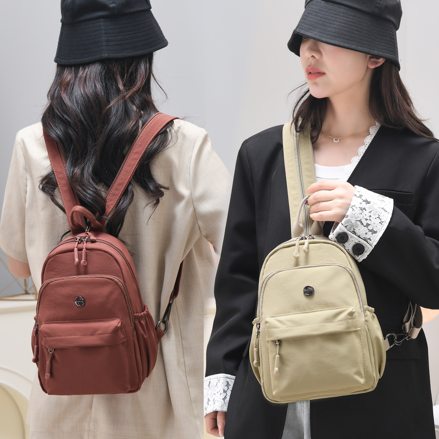 多用双肩包女2025新款牛津布休闲百搭户外旅游登山小背包斜挎胸包