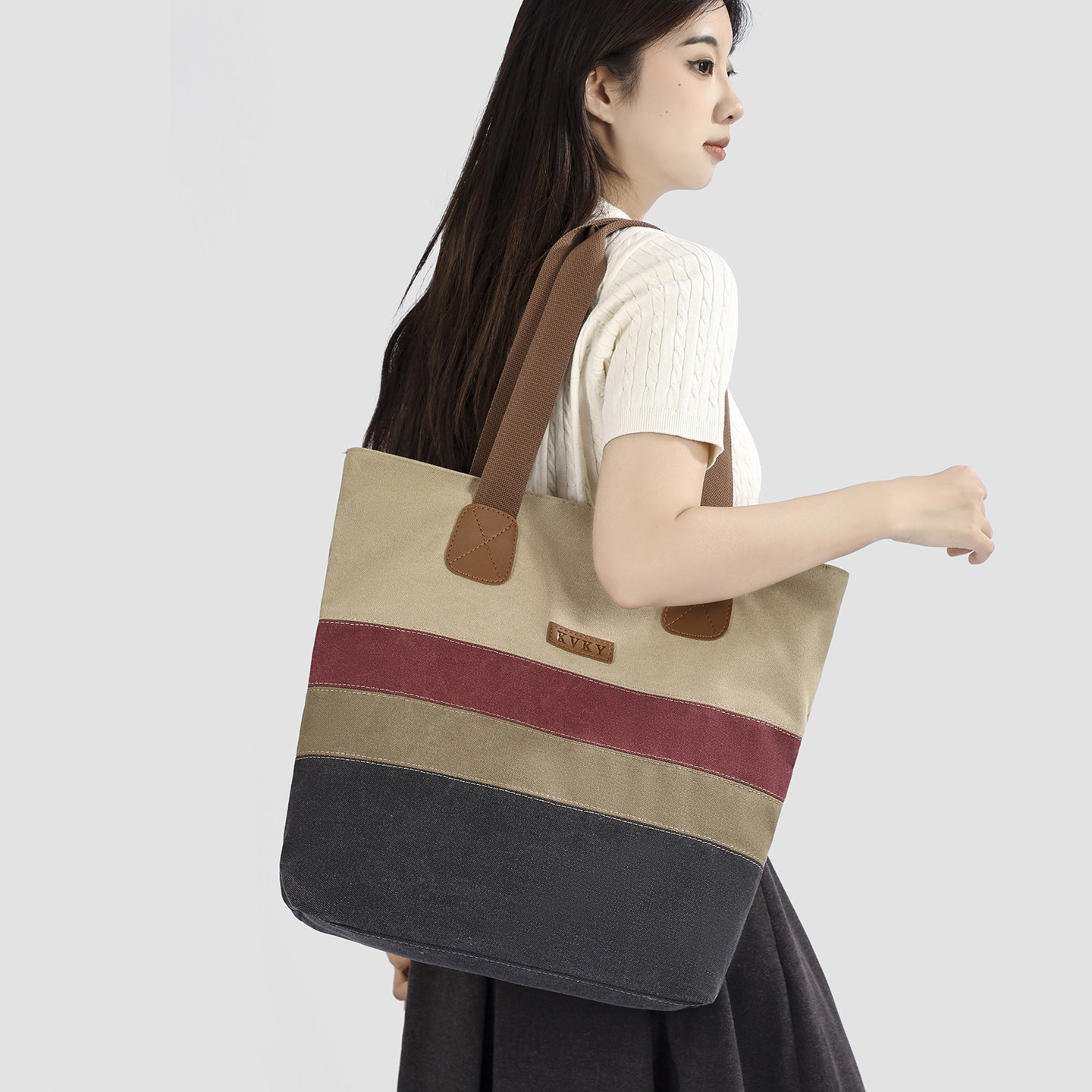 撞色条纹帆布托特女包大容量通勤