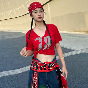 kpop罩衫 jazz跳舞服装 女 薄款 欧美辣妹穿搭爵士上衣红色t恤修身