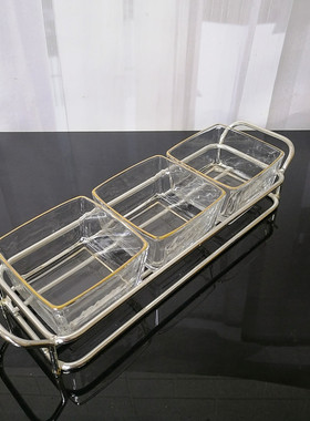 欧式网红创意玻璃透明描金锤纹条纹两格点心盘琥珀色纯色摆盘碗碟