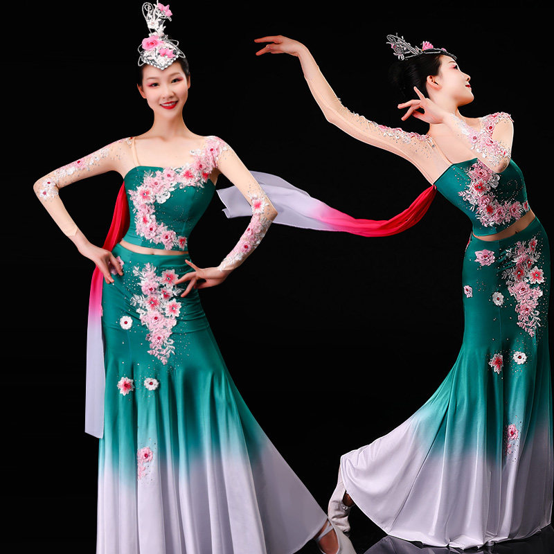 艺考傣族舞舞蹈服装演出服飘逸古典舞弹力修身鱼尾裙子表演服装女