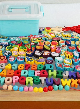 实木串珠儿童玩具数字字母海洋动物交通早教益智力开发教具专注力