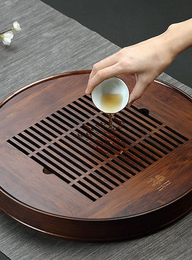 圆形竹子茶盘新款家用现代简约嵌入式盛水茶托盘干泡茶台日式小号