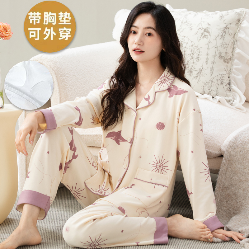 100％纯棉带胸垫一体式长袖睡衣