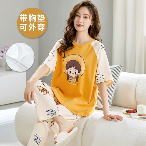 100％纯棉带胸垫女短袖长裤睡衣
