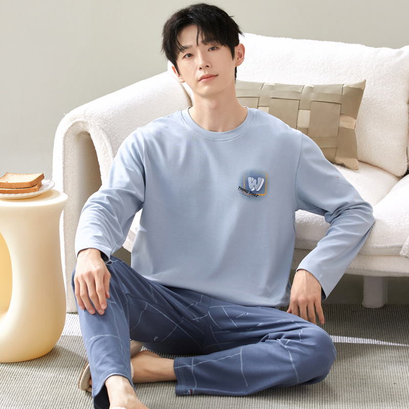 睡衣男冬长袖纯棉夏季青中年春秋男士睡衣薄款条纹休闲家居服套装