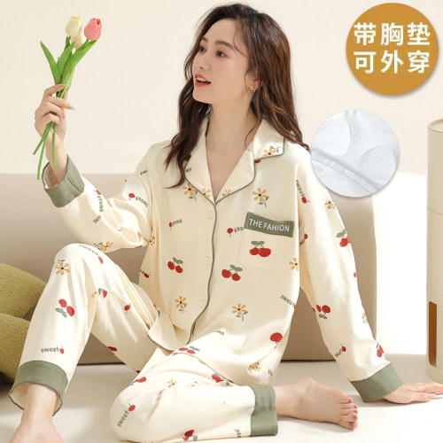 100％纯棉带胸垫女长袖翻领睡衣
