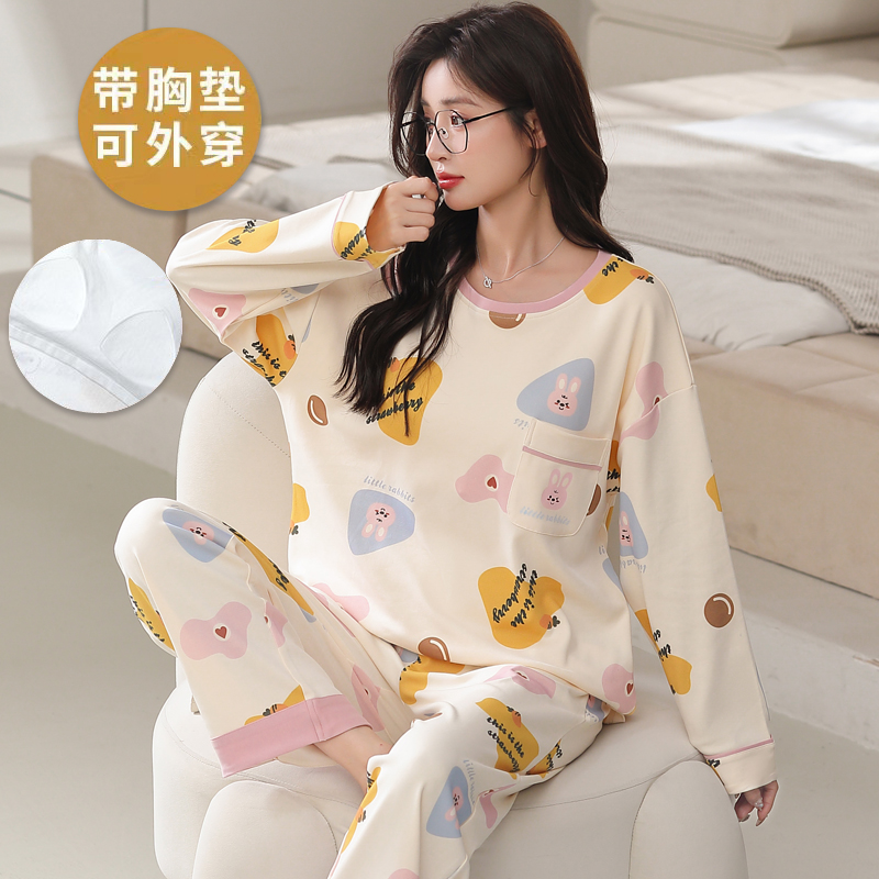 100％纯棉带胸垫女春秋长袖睡衣