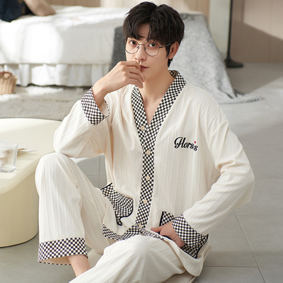 100％纯棉男士长袖春秋开衫睡衣