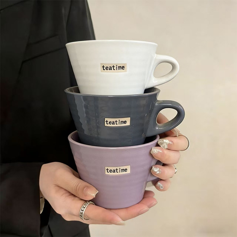 简约字母teatime陶瓷马克杯高级感咖啡杯釉下彩螺纹咖啡杯子微瑕