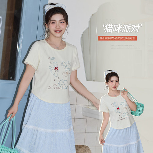 小波家2026夏季胖mm韩系正肩俏皮撞色印花拼接圆领短袖