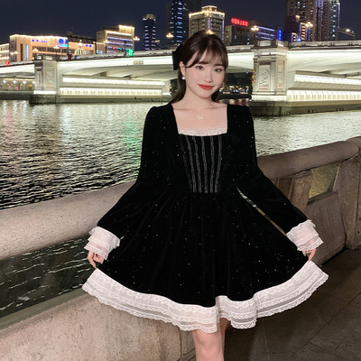 复古圣诞穿搭长款蕾丝拼接丝绒裙