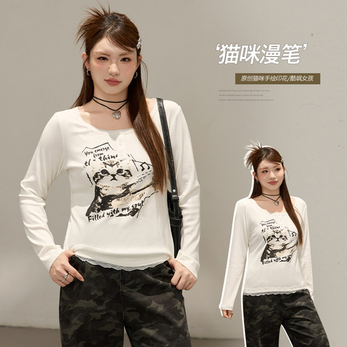 小波家2025秋季胖mm清新U领蕾丝印花长袖宽松显瘦T恤