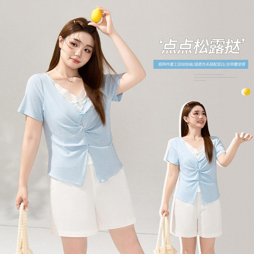 胖mm夏季假两件纯欲风修身t恤女