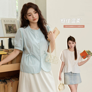女装 蝴蝶结遮肉短袖 减龄法式 正肩拼接泡泡袖 衬衣 衬衫 小波家大码
