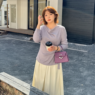 小波家2025冬季胖mm别致荡领打底衫绑带收腰长袖上衣