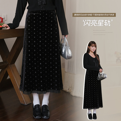 小波家2025冬季胖mm高腰显瘦丝绒碎花A字加绒半身裙