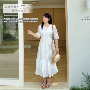 小波家2025夏季 7.18日新品 胖mm韩系设计感镂空收腰系带显瘦连衣裙