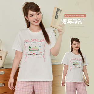 T恤 正肩圆领宽松刺绣印花短袖 小波家2026夏季 胖mm韩版