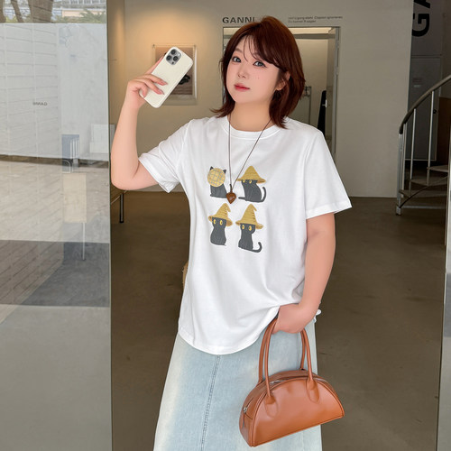 3.18日新品小波家2026春季胖mm可爱撞色卡通印花T恤圆领正肩上衣