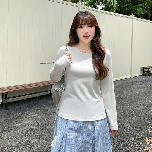 【清仓】胖mm时髦圆领纯色长袖T恤百搭遮肚子内搭显瘦打底衫