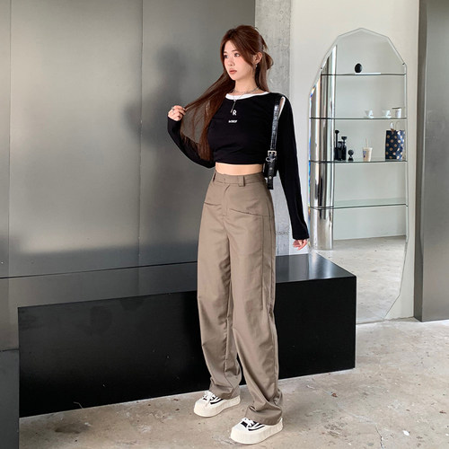 口袋设计高腰显瘦阔腿裤休闲裤