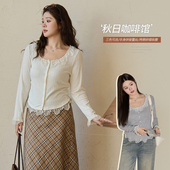 长袖 小波家2025秋季 胖mm纯欲风拼接蕾丝边修身 打底上衣