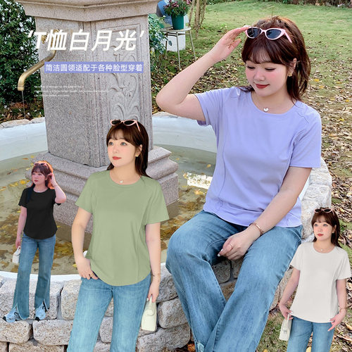 小波家2026夏季胖mm韩系纯色百搭宽松正肩显瘦短袖T恤
