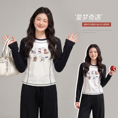 胖mm减龄狗狗印花长袖T恤女