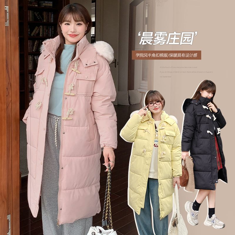 10.20日新品小波家2025冬季胖mm韩系学院风牛角扣连帽棉服外套