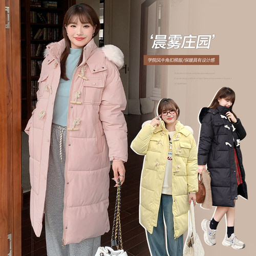 小波家2025冬季胖mm韩系学院风牛角扣连帽棉服外套