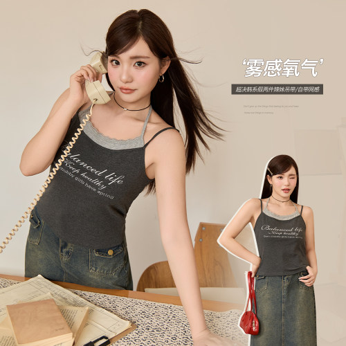 小波家2026夏季胖mm韩系挂脖撞色字母印花吊带背心