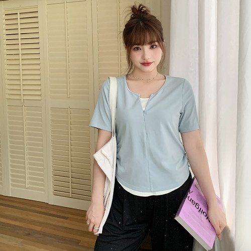小波家2026夏季胖mm韩系假两件抽褶收腰显瘦百搭短袖