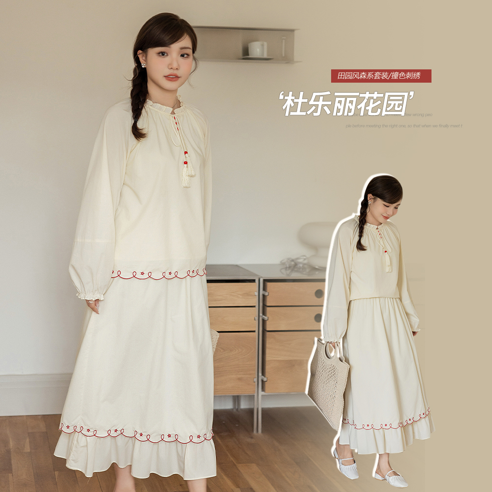 小波家2025秋季胖mm田园风森系撞色刺绣木耳边两件套清新减龄套装