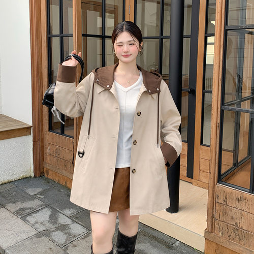 胖mm韩版宽松假两件连帽短款风衣