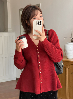 1.4日新品小波家2026春季胖mm收腰鱼尾显瘦毛衣红色V领针织衫