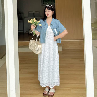 4.15新品胖mm夏季薄款牛仔外套+吊带裙套装大码女时尚减龄两件套
