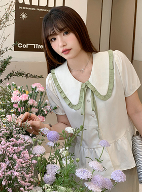 【清仓】小波家2025夏季胖m撞色娃娃领短袖衬衫女泡泡袖显瘦上衣