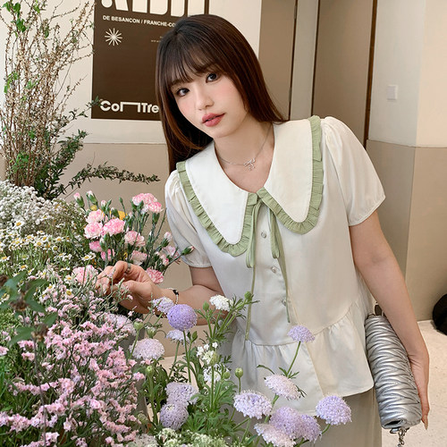 【清仓】小波家2026夏季胖m撞色娃娃领短袖衬衫女泡泡袖显瘦上衣