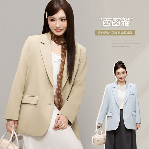 小波家2026春季胖m气质通勤正肩宽松西装宽松显瘦外套